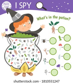 Halloween I spy game for kids. Searching and counting activity for preschool children with witch, cauldron and potion ingredients. Funny autumn printable worksheet for kids. 
