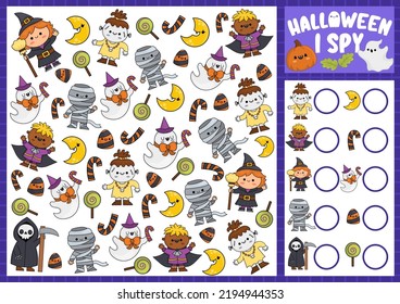 Halloween espía el juego para los niños. Buscando y contando actividad con personajes kawaii lindos. Hoja de cálculo imprimible de otoño para niños en edad preescolar. Rompecabezas simple de todos los santos día de detección
