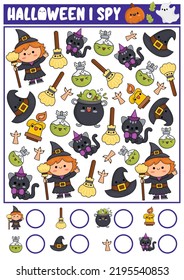 Halloween I spy game for kids. Searching and counting activity with cute kawaii witch. Scary autumn printable worksheet for preschool children. Simple all saints day spotting puzzle
