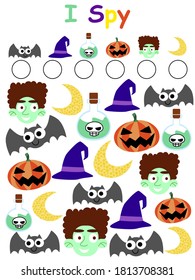 Halloween I spy game for kids stock vector illustration. Funny counting educational game. Math activity printable halloween worksheet with bats, witch hats, potions, pumpkins, zombies and moons.