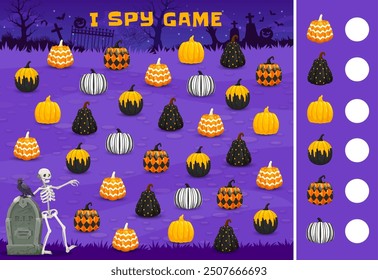 Halloween I spy kids game with patterned pumpkins on cemetery, vector puzzle worksheet. Find and match correct object picture of witch pumpkins in Halloween horror night cemetery with RIP tombstones