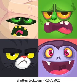  Halloween square avatars. Mummy, zombie, black cat, vampire. Vector cartoon  illustrations