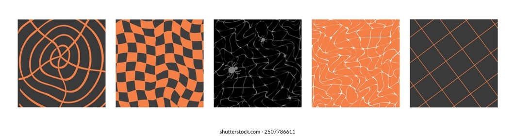 Halloween square backgrounds, cards with grids and spider webs, spooky decorative paper covers. Vector illustration, backdrop set.