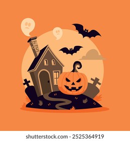 Design de banner quadrado de Halloween. Ilustração vetorial. Casa assustadora, Jack-o-lanterna, morcegos, fantasmas no fundo do cemitério de desenhos animados.