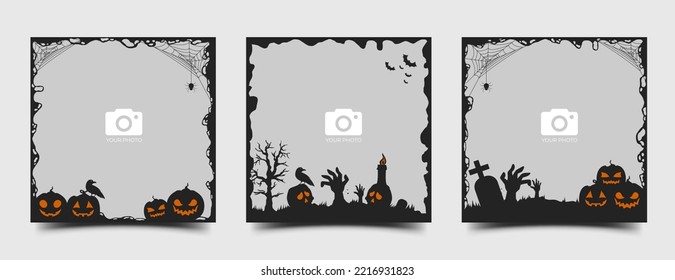 Halloween quadratische Bannervorlagensammlung. Bearbeitbarer Banner mit Platz für das Foto. Für Social-Media-Post, -Karte und -Web verwendbar.