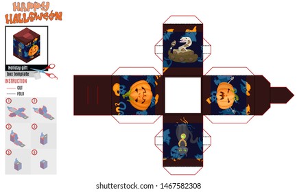 halloween square box print template orange pumpkins and cat with a chain