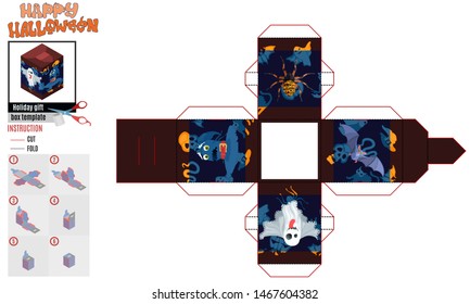 halloween square box print template witch hat and mystical creatures
