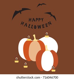 Halloween square card with two pumpkins and burning candles, inscription and three bats on a colored background