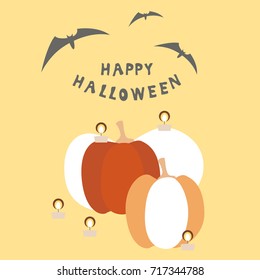 Halloween square card with two pumpkins and burning candles, inscription and three bats on a colored background