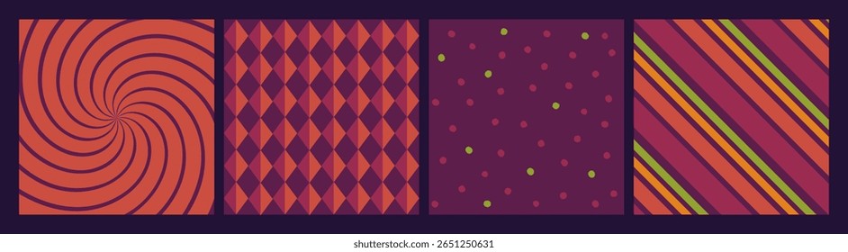 Halloween square cards with holiday spooky patterns. Creepy wallpapers, vector illustrations and backgrounds for the Day of the Dead.