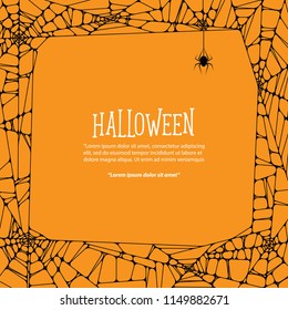 Halloween square frame black cobweb and spider on orange background ilustration vector. Halloween concept.