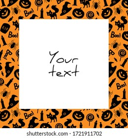 Halloween square frame; black halloween elements on orange background; frame for greeting cards, invitations, posters, banners, packaging.