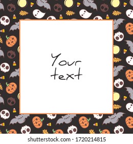 Halloween square frame; cute halloween elements on black background; holiday frame for greeting cards, invitations, posters, banners.
