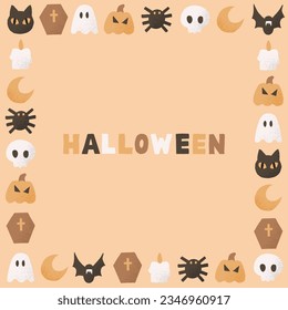 Halloween square frame. Cute vector border with pumpkin, black cat, skull, ghost, coffin, bat, moon, spider and candle. Autumn composition for greeting cards, banners or posters.