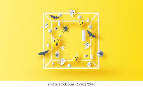 Halloween square frame design with baby ghost spirit, pumpkin, candle, spider, bat, eyeball floating around. Halloween square frame with blank space. paper cut and craft style. vector, illustration.