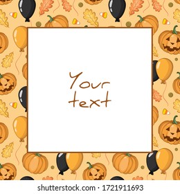 Halloween square frame; halloween elements on orange background; frame for greeting cards, invitations, posters, banners, packaging.