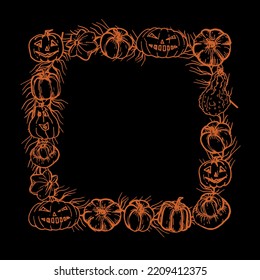 Marco cuadrado de Halloween con calabazas y ramas. Imagen de contorno vectorial para la reserva de recortes, invitaciones, papel de embalaje y textiles.