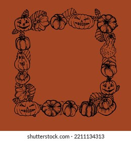 Halloween square frame with pumpkins and branches. Vector contour image for scrapbooking,  packaging paper and textiles.