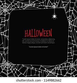 Halloween square frame white cobweb and spider on black background ilustration vector. Halloween concept.