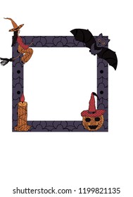 For Halloween. A square frame with a witch on a broomstick, a candle, a bat, a smiling pumpkin in a witch's cap in patterns in the style of Zenart. Vector.
