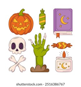 Halloween square geometric composition from spooky, scary icons. Pumpkin, candy, skull and bones, spell book, zombie hand. Flat vector illustration for print, textile, sticker, social media, postcard