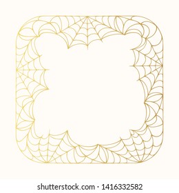 Halloween square golden spiderweb frame for party invitation. Vector isolated spooky gold decoration background for october night decoration.