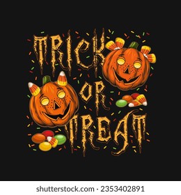 Halloween square label with pumpkin heads like happy kids, traditional candy, big text Trick or Treat. Colorful illustration in vintage style.