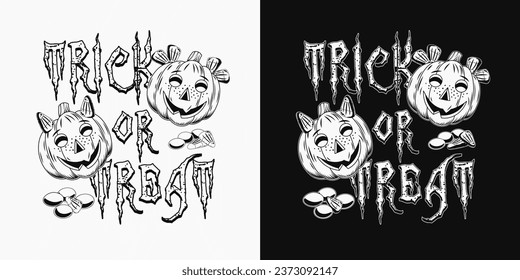 Halloween square label with pumpkin heads like happy kids, traditional candy, big text Trick or Treat. Black and white, monochrome illustration in vintage style. Not AI