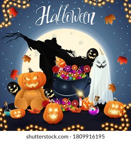 Halloween square postcard with Halloween night on background with big full moon and Halloween characters on foreground
