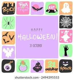 Halloween square poster with pumpkins, ghosts, bats and spiders in pastel colors. Hand drawn colorful doodle collage, great for Halloween banners, card and invitation. Vector illustration