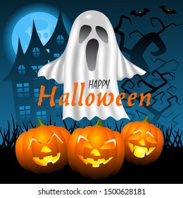 Halloween square social media post template with ghost, haunted house, scary pumpkins, bats, ugly trees and full moon.