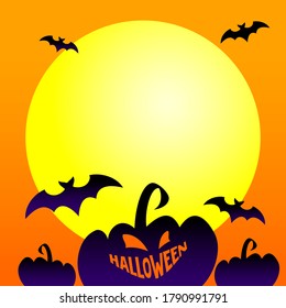 Plantilla cuadrada de Halloween. Afiche vectorial, pancarta, tarjeta para medios sociales y redes con espacio de copias. Calabaza malvada, jack-o-lantern, murciélagos a la luz de la luna.