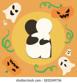 Halloween squash and ghosts, leaning on two