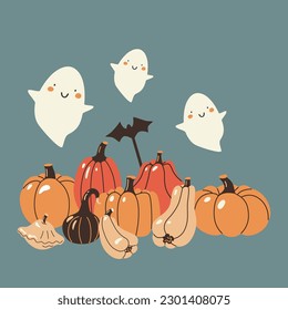 Halloween squashes and cute little ghosts. Cute vector hand darwn illustration. 