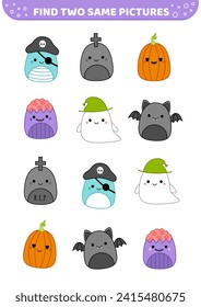 Halloween squishmallow characters. Find two same pictures. Educational game for kids with pirate, zombie, tombstone, ghost, pumpkin, bat. Spot two identical pictures. Cartoon, kawaii. Isolated vector 