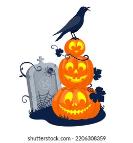 Halloween stack of laughing pumpkins with a raven near the grave. Illustrated vector element. 