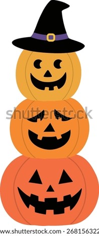 Halloween stacked Pumpkin with Witch Hat Flat Vector Illustration.
Cute Jack O Lantern Pumpkin isolated.
Transparent background.