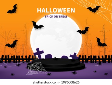 Halloween. Stage podium decorated with Halloween day elements, moon, bats, spiders, spider web, cross sign, gravestone on orange, and purple background. Pedestal with for product. Vector illustration.