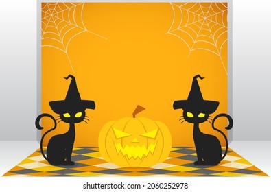 Halloween stage template. Jack o'lantern on floor. Black cat with hat.
