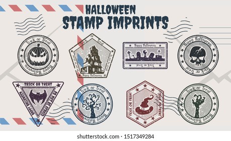 Sello Halloween Imprime Vector Set Grunge Textos, Tradicionales Atributos de Halloween 