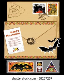 Halloween stamps and vintage envelope with wax seal. Isolated on White.