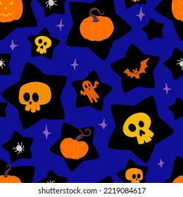 Halloween Star Night Skulls and Pumpkins Vector Seamless Pattern