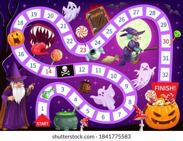 Halloween start to finish children board game vector template. Cartoon strategy maze or puzzle of journey map with numbered steps and pumpkin full of trick or treat candies at finish, ghosts and witch