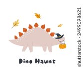 Halloween Stegosaurus Dinosaur Illustration, Spooky Dino with Jack-o-Lantern Pumpkin.