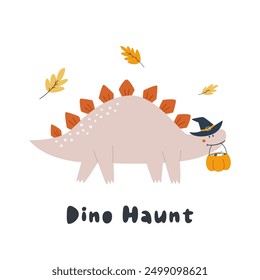 Halloween Stegosaurus Dinosaur Illustration, Spooky Dino with Jack-o-Lantern Pumpkin.