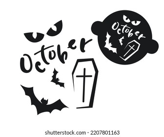 Halloween stencil with coffin, bat and black eyes. Silhouette illustration for Halloween. Decorate confectionery and things for Halloween