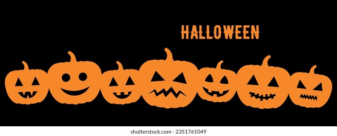 halloween stencil, line of pumpkin lanterns, carved pumpkins in a row, vector decorative element