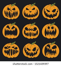 Halloween stencil. Vector illustration of Jack-o'-lantern for cards, banners, stickers, flyers. Colored set of pumpkin's faces on black background.