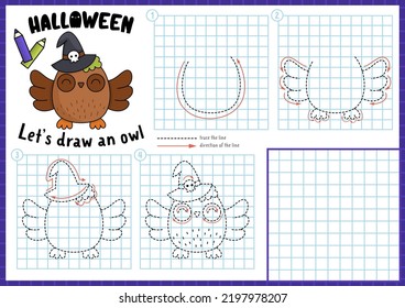 Halloween step by step drawing worksheet. How to draw an owl. Complete the picture by example activity. Vector autumn holiday writing practice worksheet. Printable coloring page
