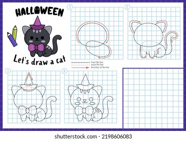 Halloween step by step drawing worksheet. How to draw a cat. Complete the picture by example activity. Vector autumn holiday writing practice worksheet. Printable coloring page
